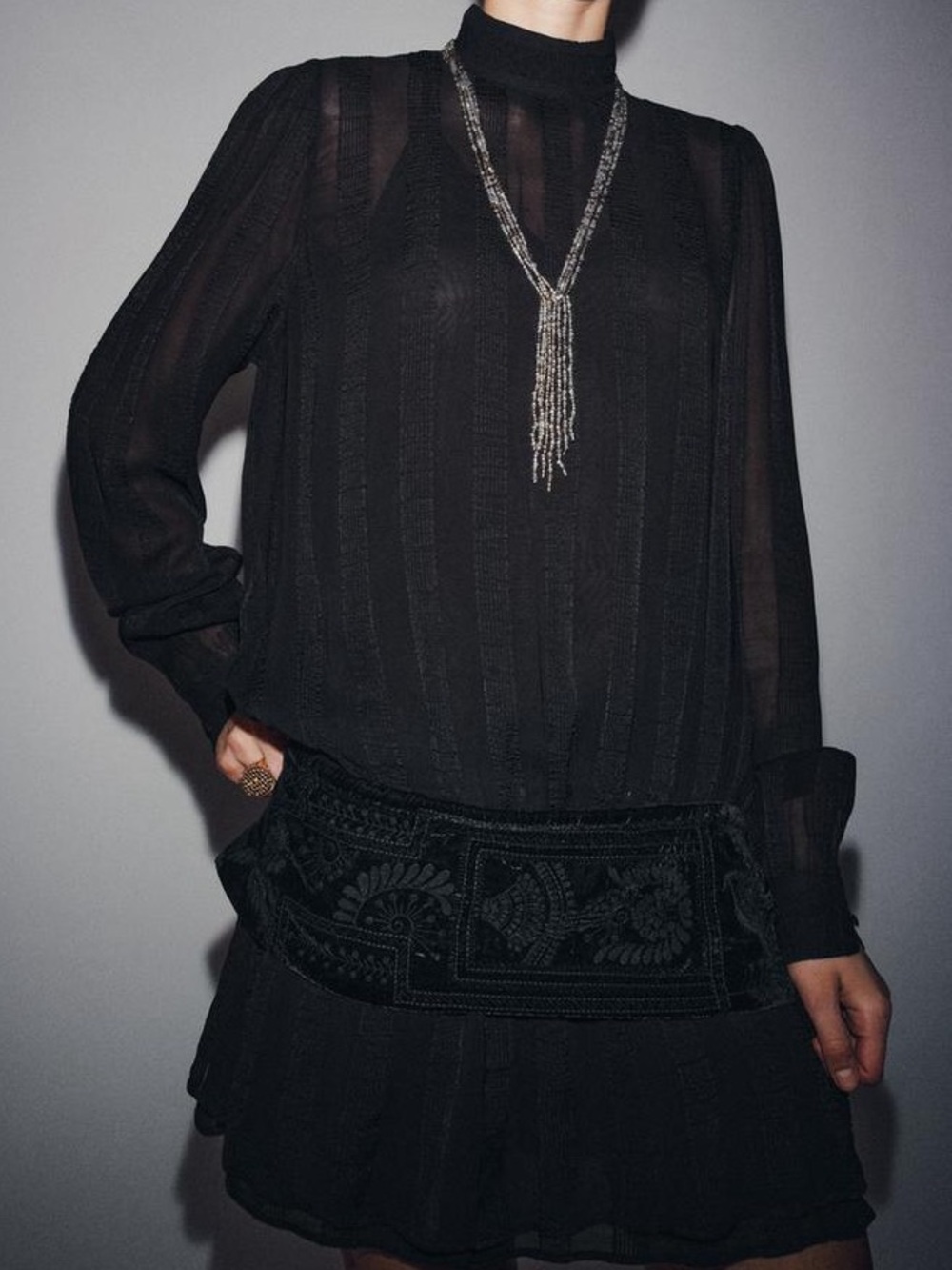 Zara Black Sheer Mock-Neck Long Sleeve Contrast Dress Size XS
